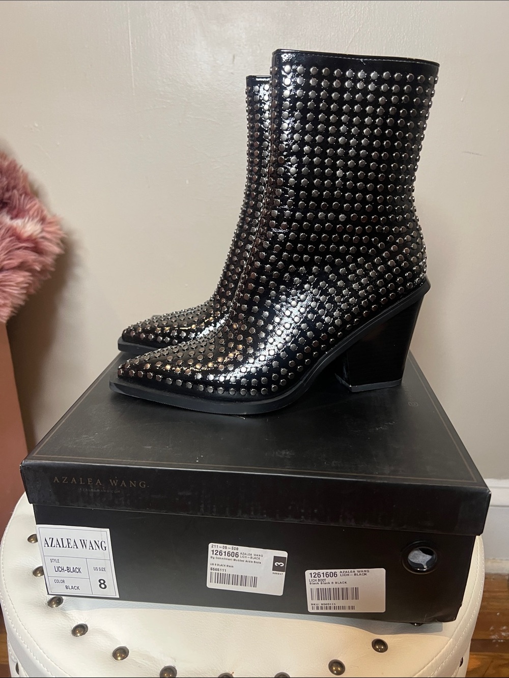 Azalea Wang Black Studded Pointed-Toe Ankle Boots